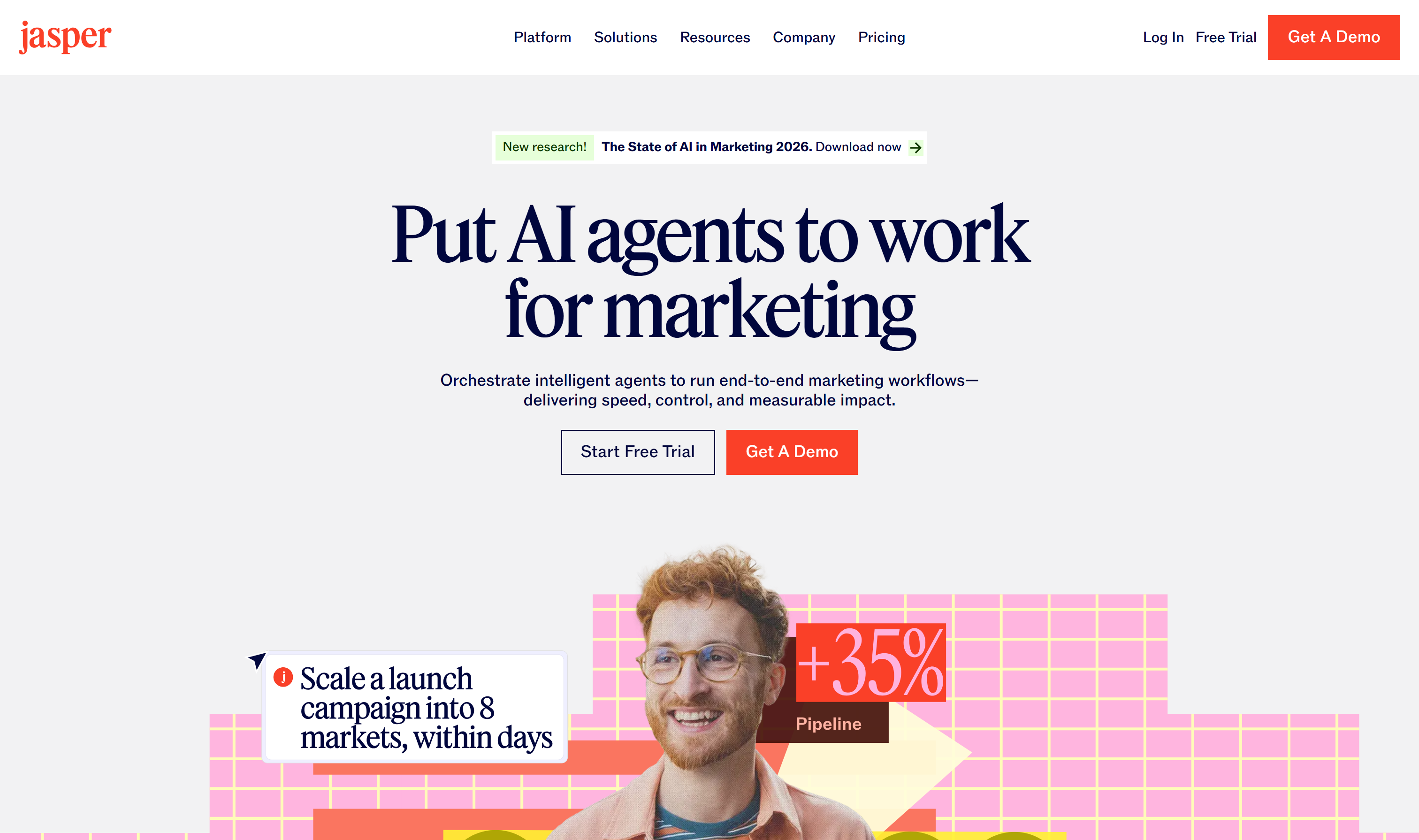 Jasper homepage showing AI marketing platform for content creation