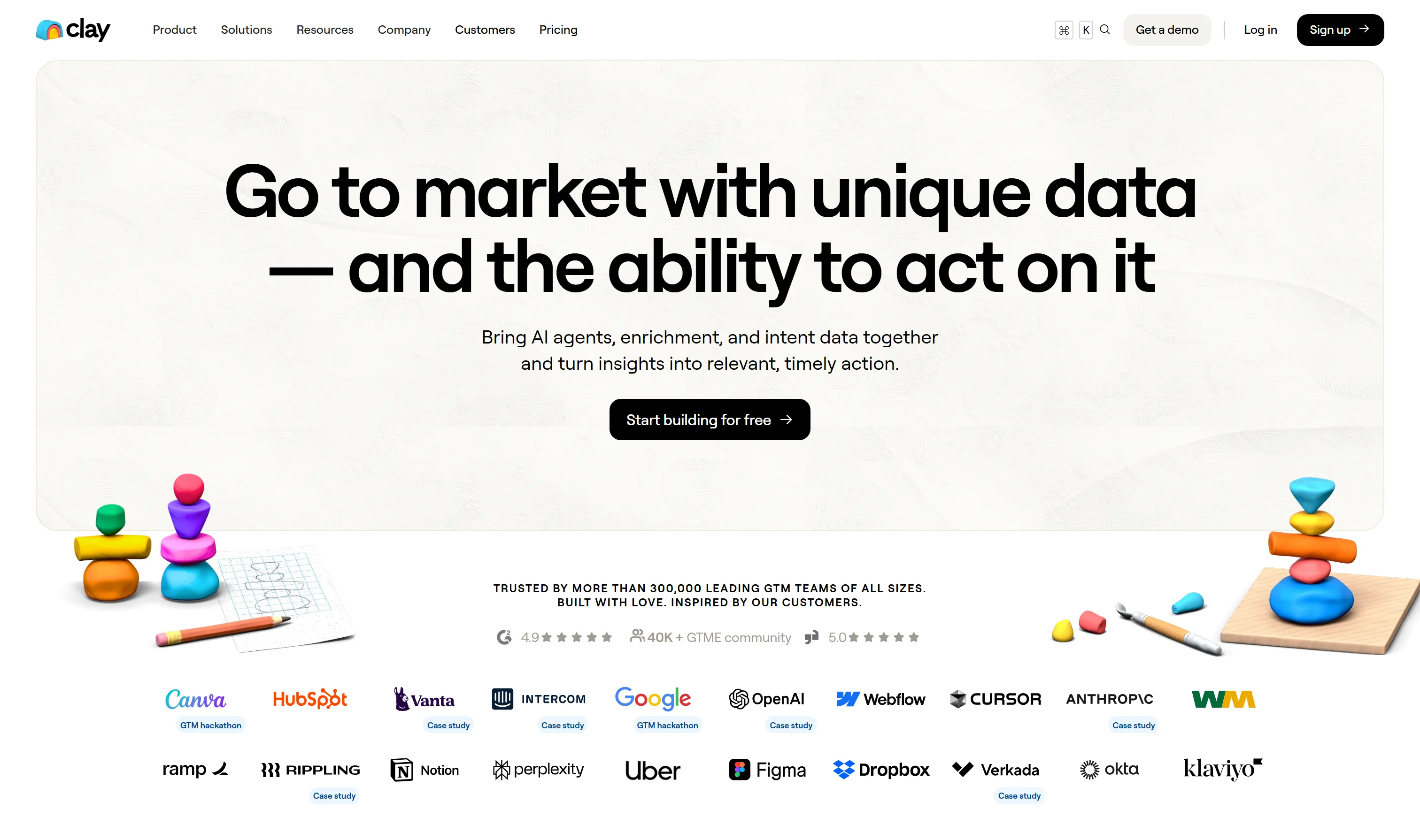 Clay homepage - Go to market with unique data and the ability to act on it