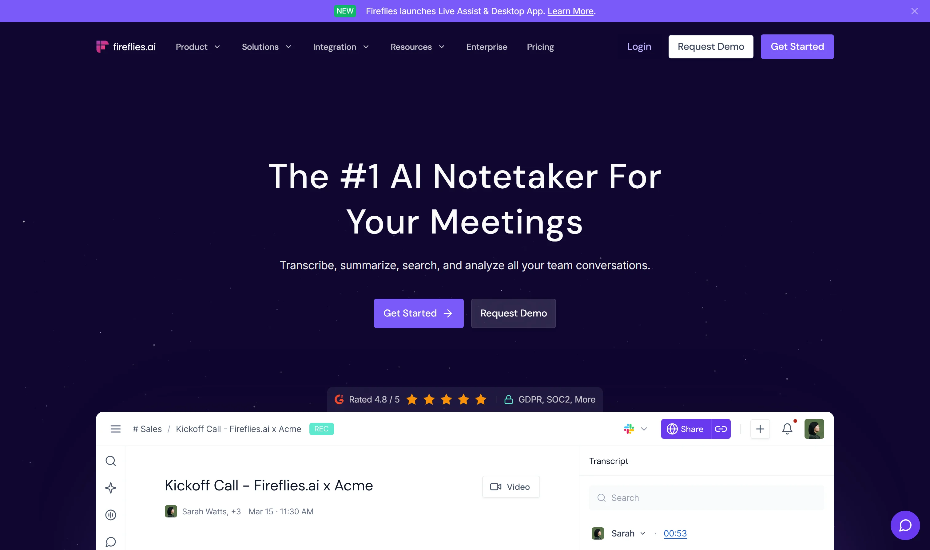 Fireflies.ai homepage - The number one AI notetaker for your meetings