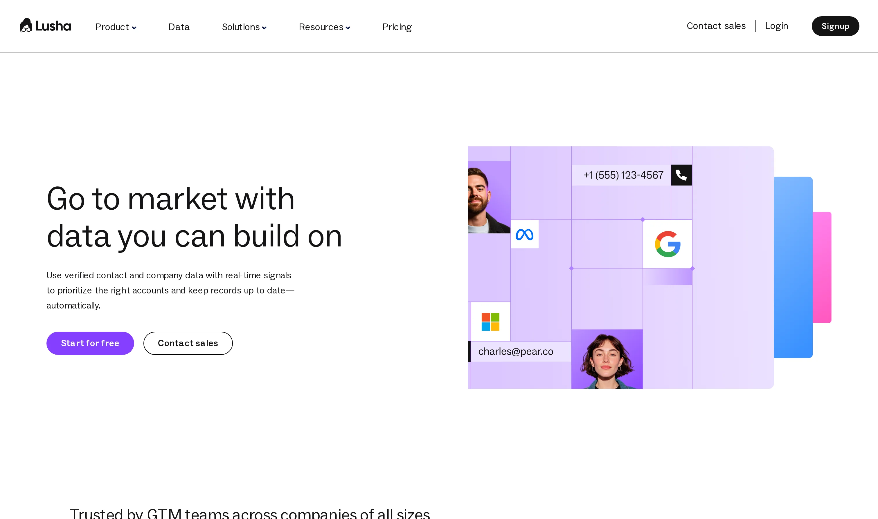 Lusha homepage - Go to market with data you can build on