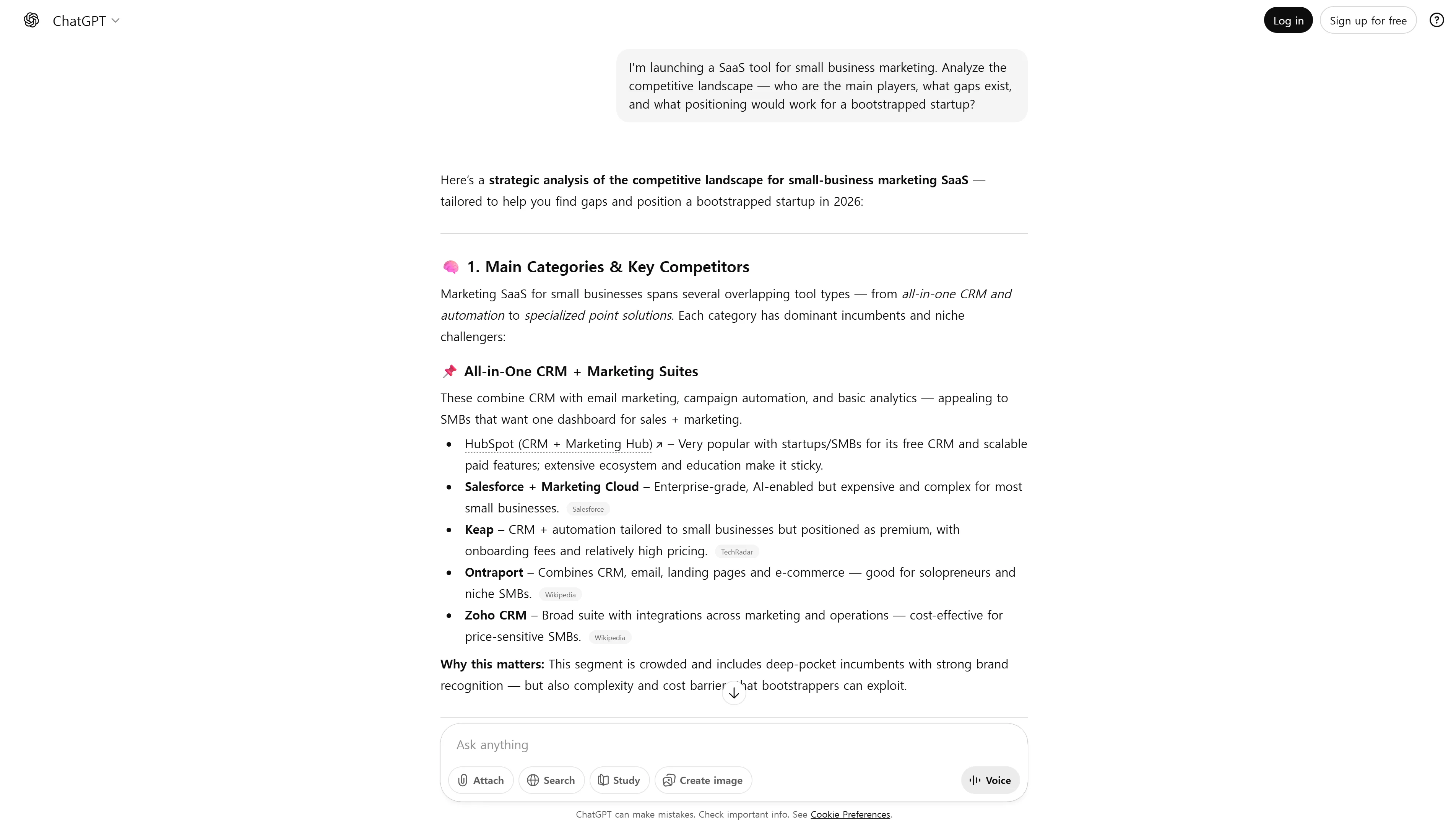 ChatGPT conversation analyzing competitive landscape for small business marketing SaaS