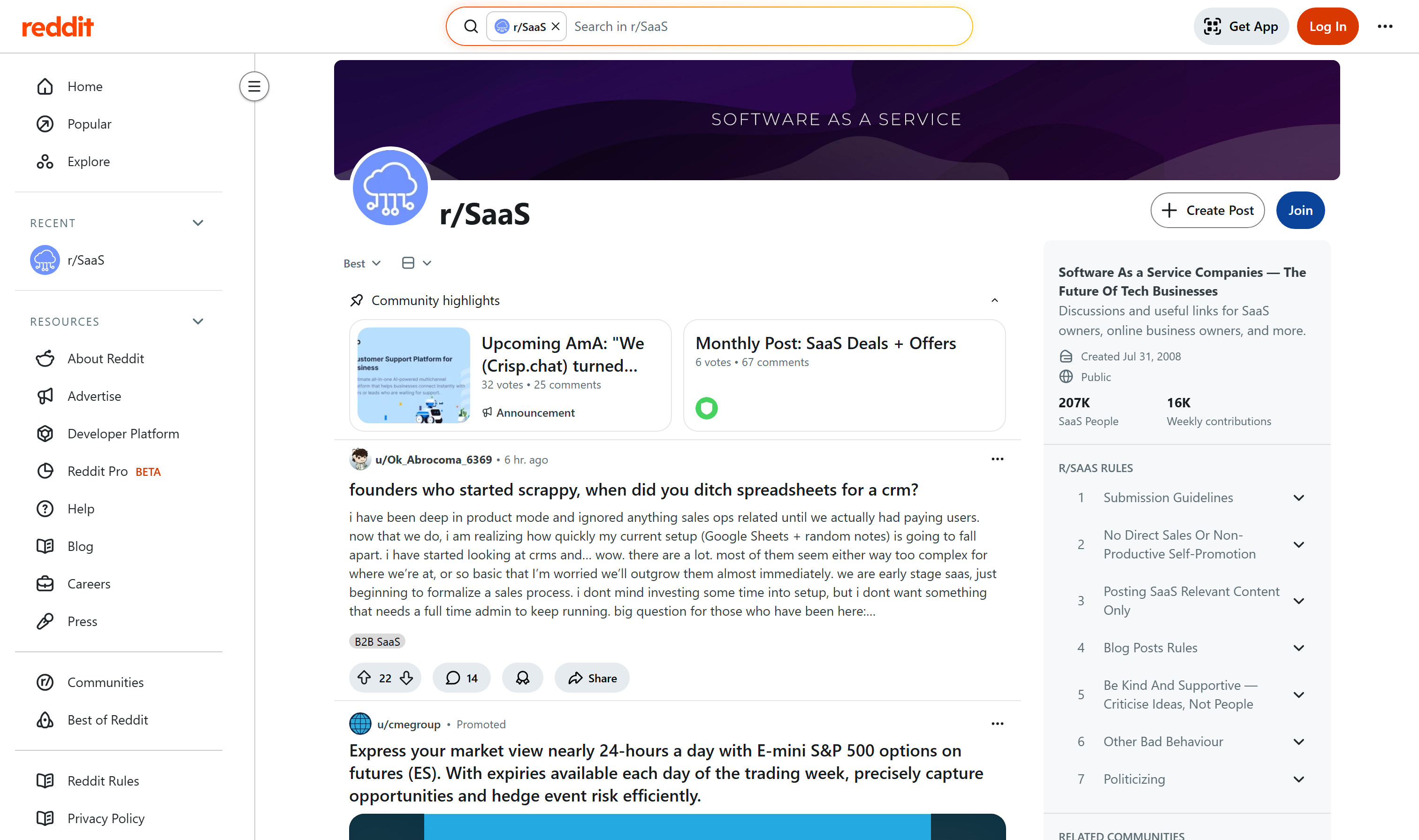 Reddit r/SaaS subreddit showing founder discussions and community highlights