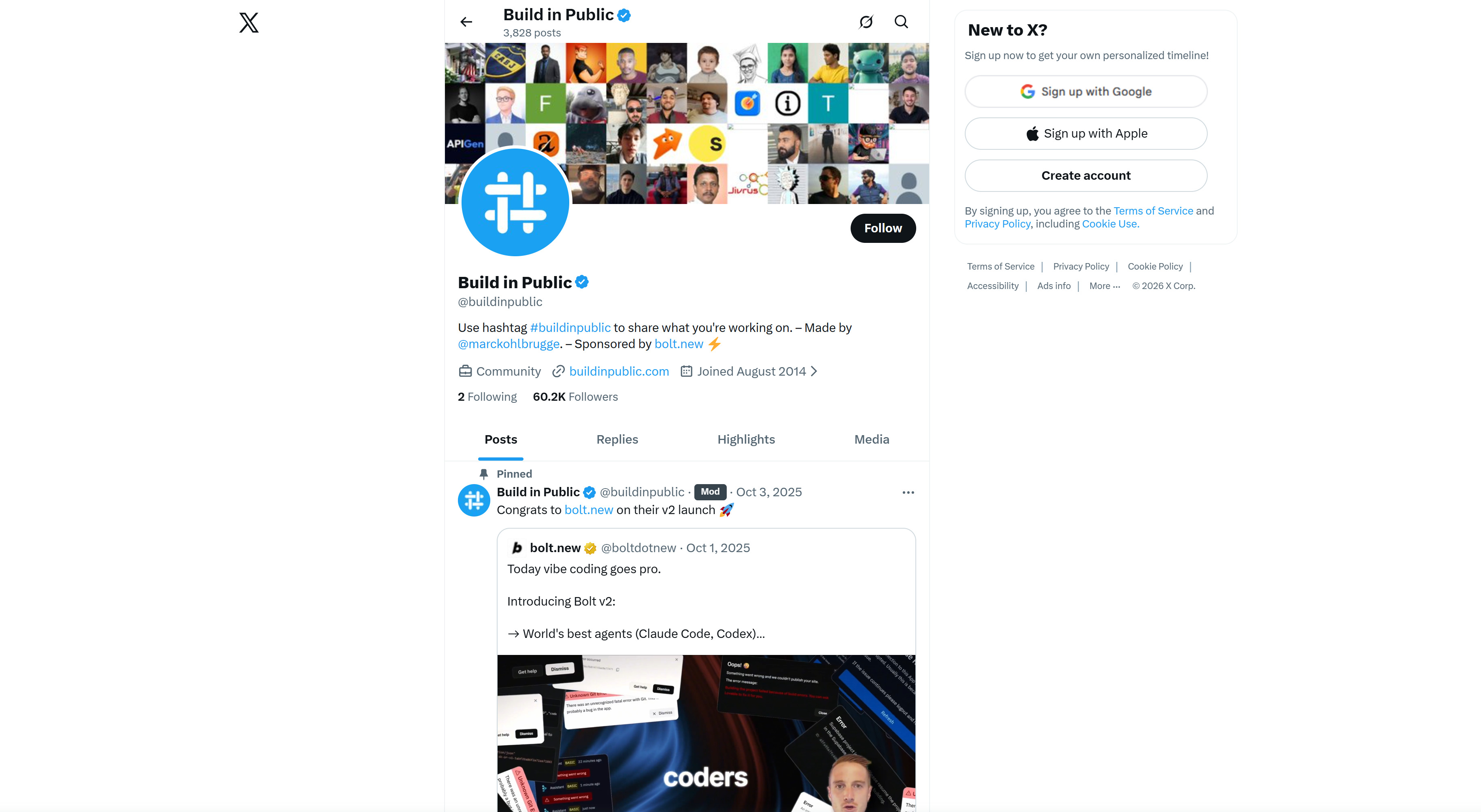 Build in Public community profile on X with 60K followers and pinned posts