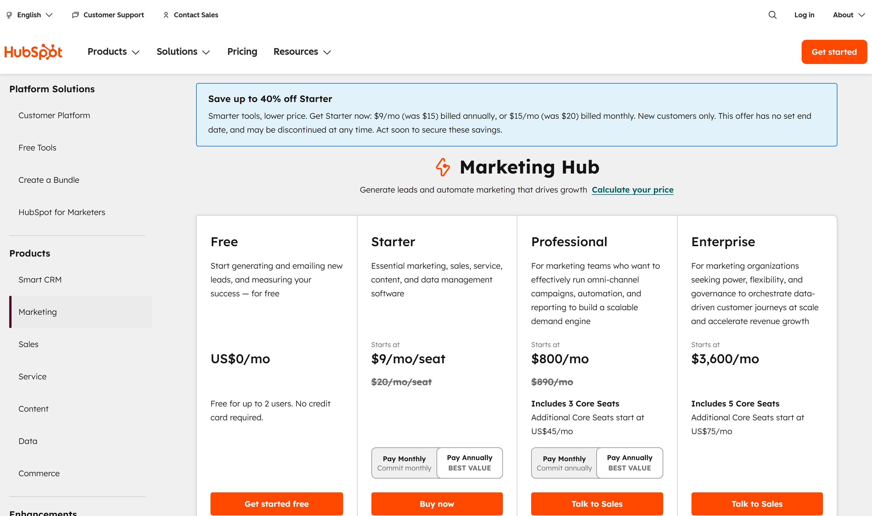 HubSpot pricing page