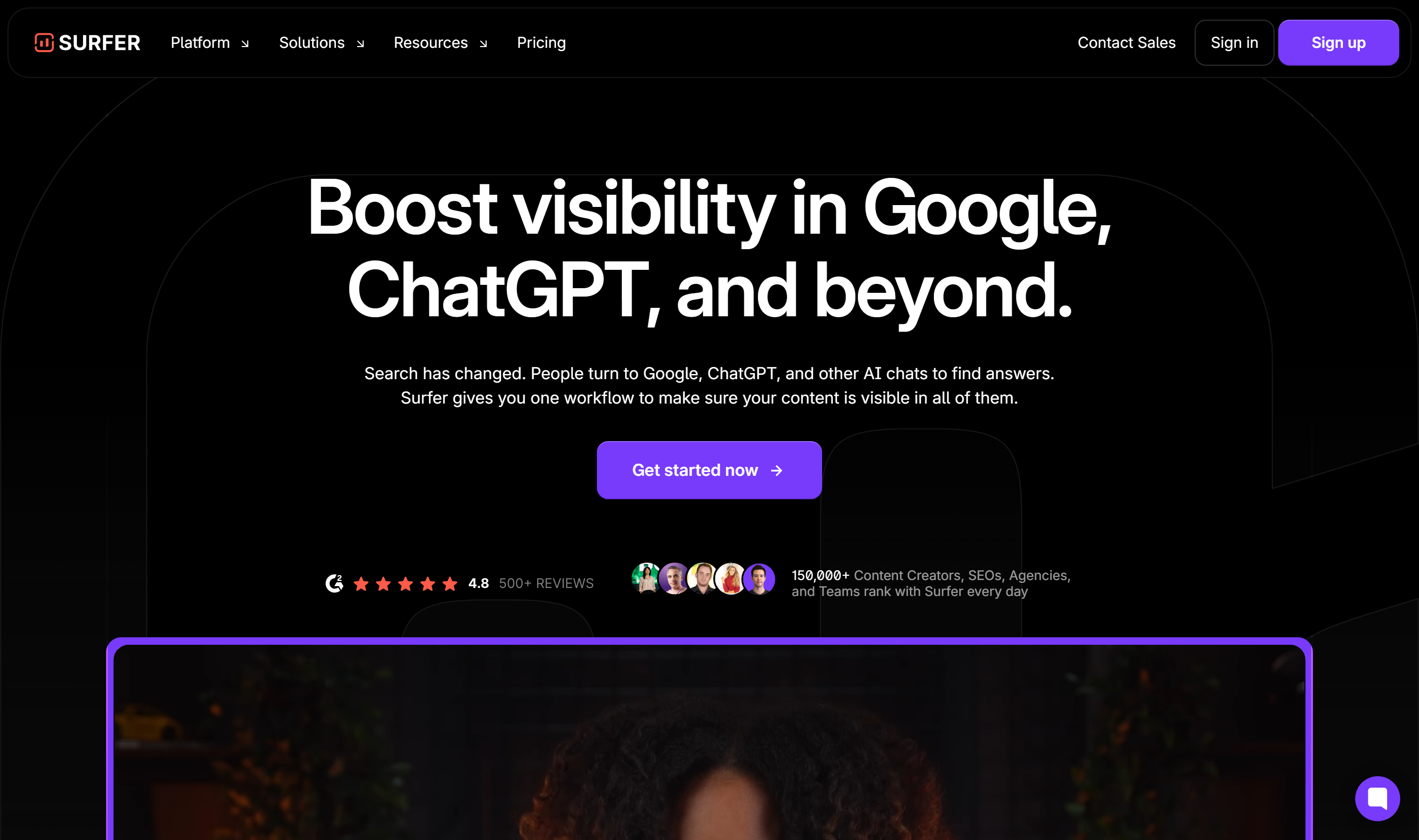 SurferSEO homepage - Boost visibility in Google, ChatGPT, and beyond
