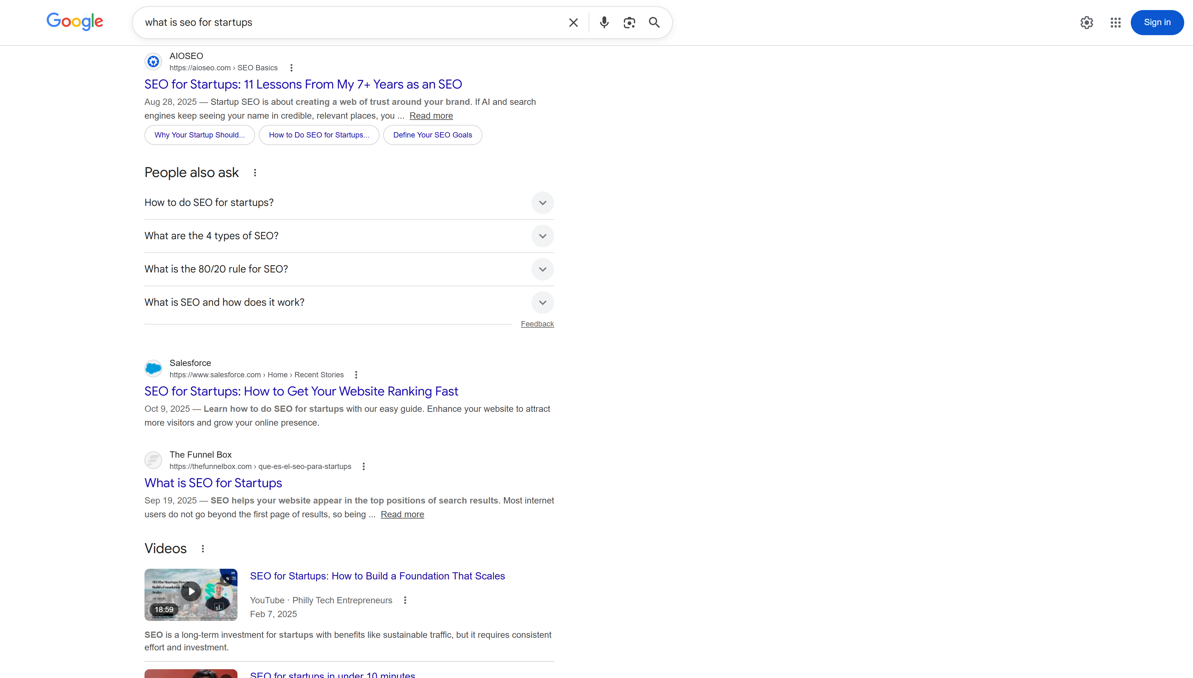 Google search results for "seo strategies for startups" showing People Also Ask suggestions