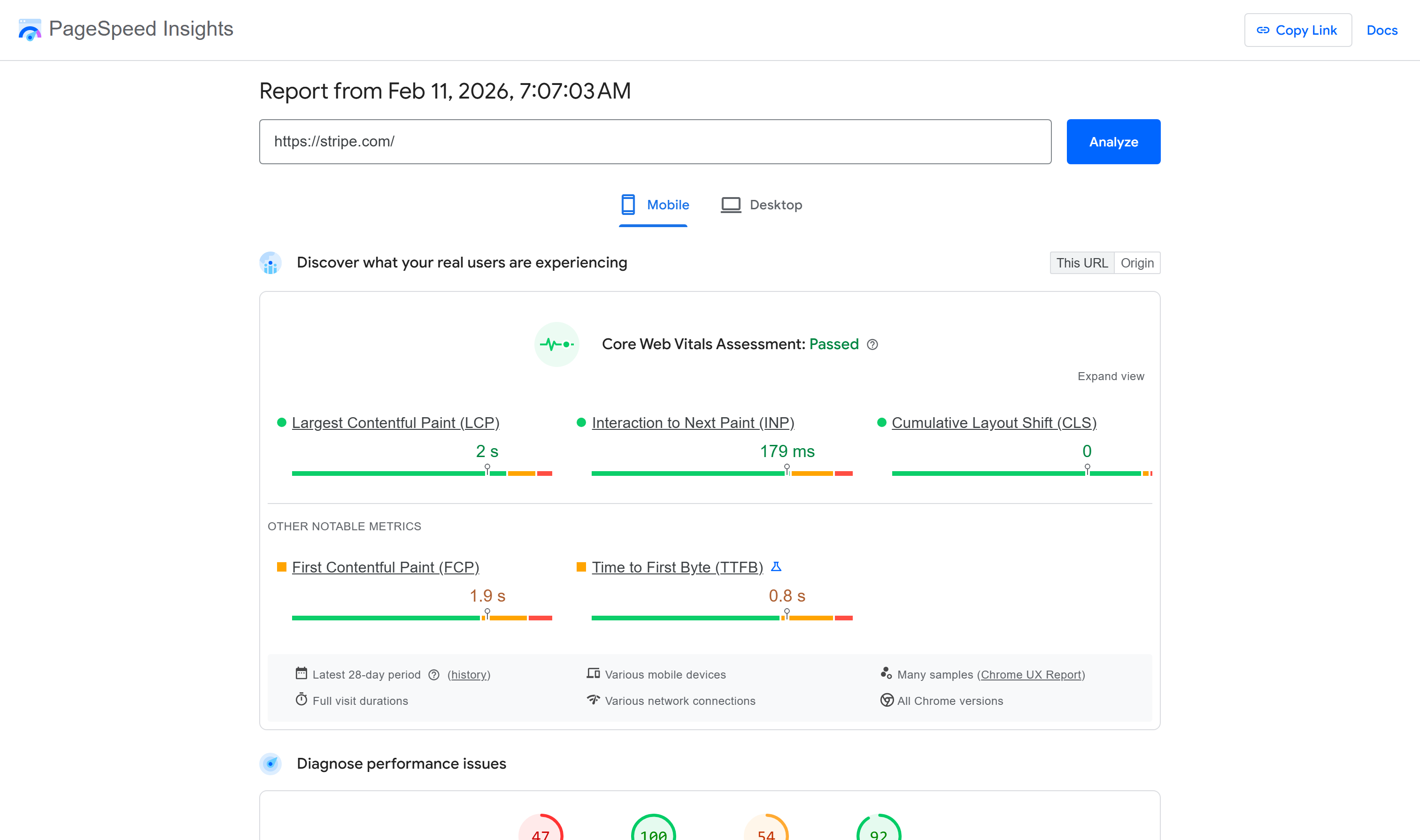 Google PageSpeed Insights results showing Core Web Vitals assessment for stripe.com