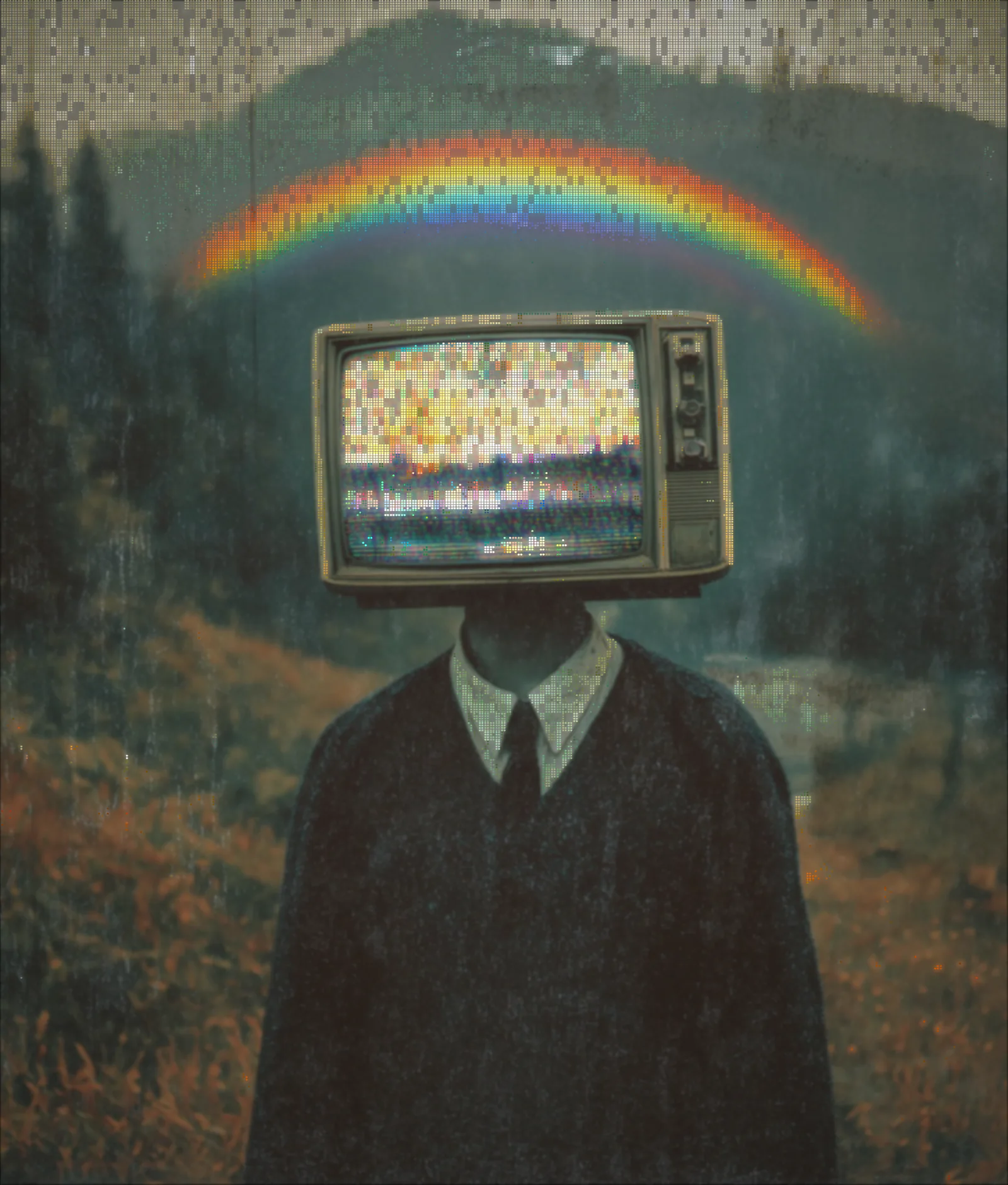 TV 머리 인물과 무지개를 표현한 ASCII 이미지
